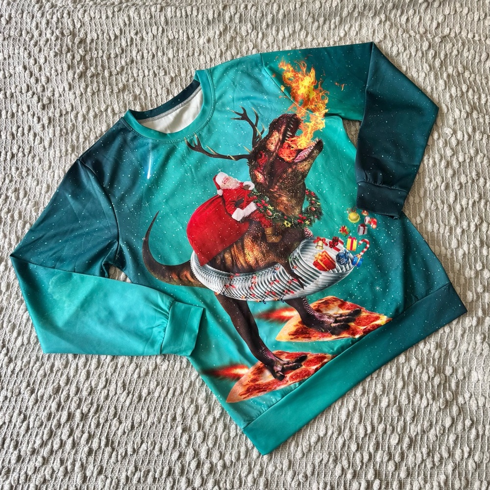 New!! Unisex Festive Christmas Ugly Sweater - Santa riding a dinosaur